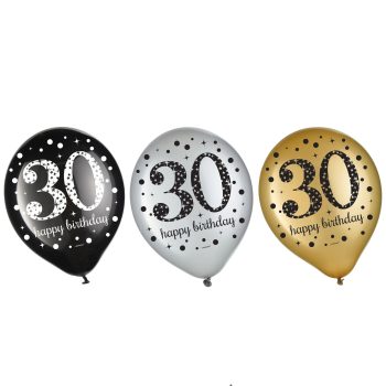 Three '30 Happy Birthday' balloons displayed.