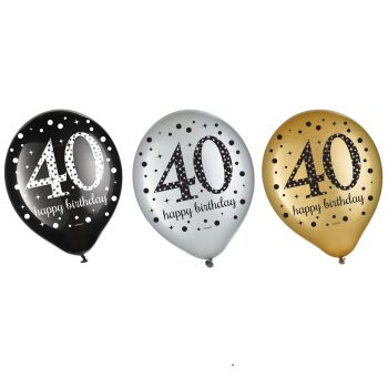 Black, silver, gold "40 Happy Birthday" balloons.