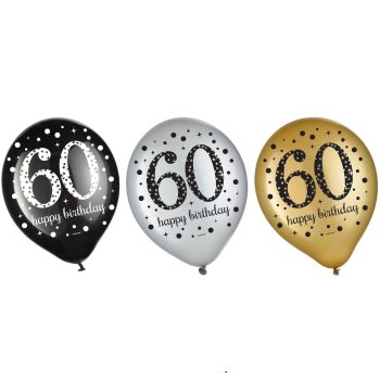 Three "60 Happy Birthday" balloons.