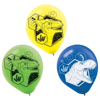 Three dinosaur-themed balloons in green, yellow, blue.