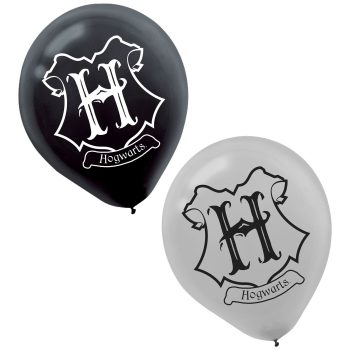 Black and white Hogwarts-themed balloons.
