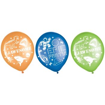 Colorful balloons with dinosaur and space designs.