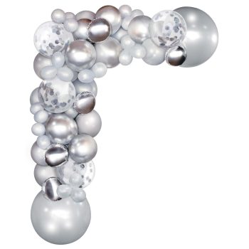Silver balloon garland corner decoration for events.