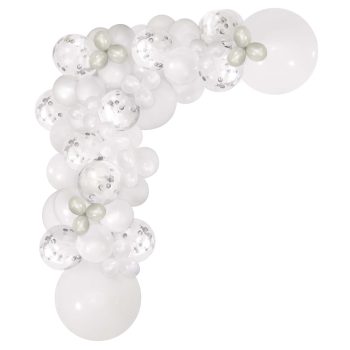 White and silver balloon arrangement shaped in a corner design.
