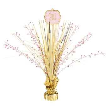Gold centerpiece with pink accents and sign.