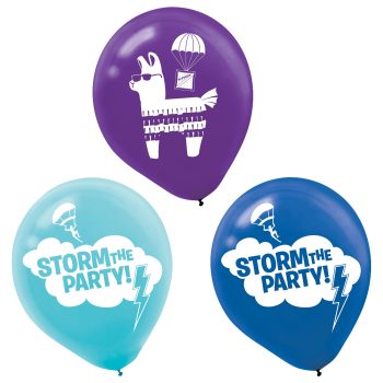 Three colorful balloons with party designs.