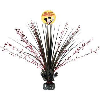 Birthday centerpiece with Mickey Mouse decoration.