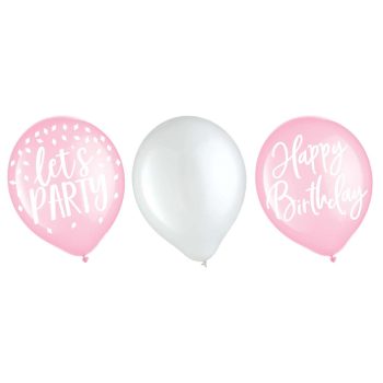 Three balloons: two pink with 'Let's Party' and 'Happy Birthday' texts, and one plain white.