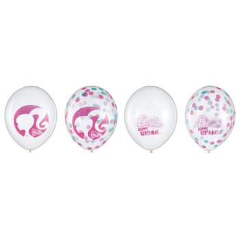 Barbie-themed birthday balloons with colorful patterns.