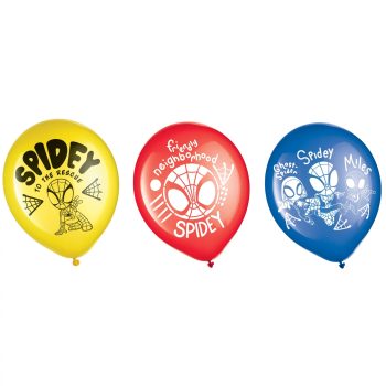 Three Spidey-themed balloons in yellow, red, blue.