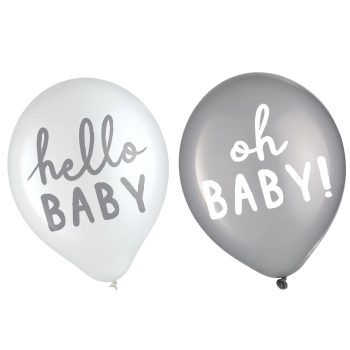 Two balloons with baby shower messages, one white and one gray.