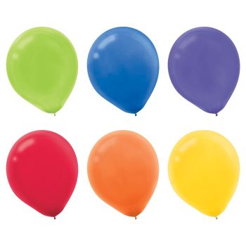 Six colorful helium balloons in two rows on white background.