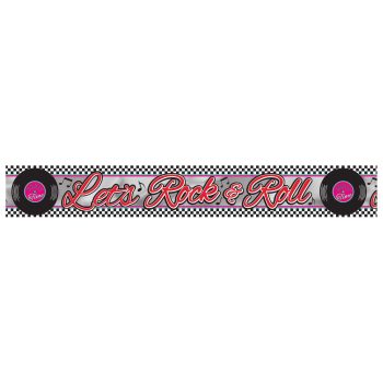 A bumper sticker with a rock and roll theme and vinyl records.