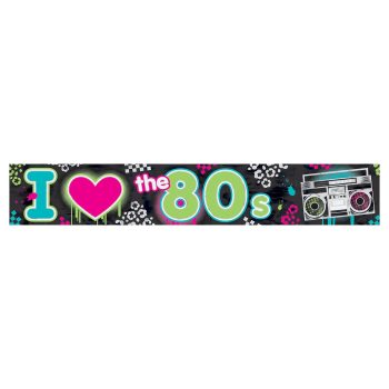 Colorful banner saying 'I love the 80s' with a heart and a boombox.