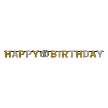 Happy 60th Birthday" glittery banner decoration.