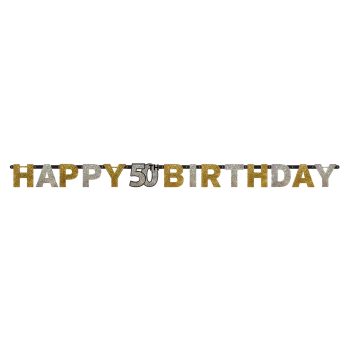 Happy 50th Birthday" glitter banner decoration.