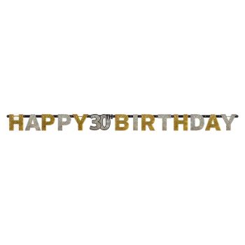 Happy 30th Birthday" glitter banner decoration.