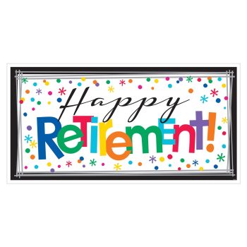 Colorful "Happy Retirement" sign with stars and confetti.