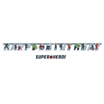 Superhero-themed 'Happy Birthday' banner design.