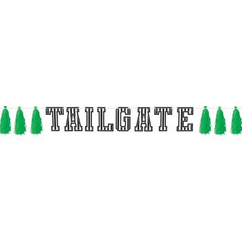 The word 'TAILGATE' flanked by green pine tree icons on both sides.