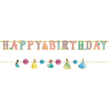 Colorful birthday banner with princess illustrations.