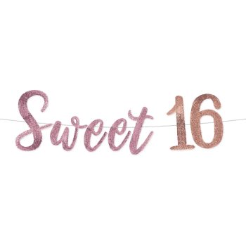 Sweet 16" glittery party banner decoration.