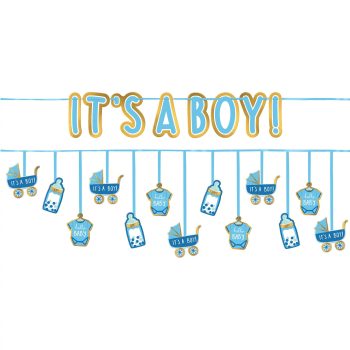 A blue baby shower banner saying 'It's a boy!' with baby-related hanging decorations.