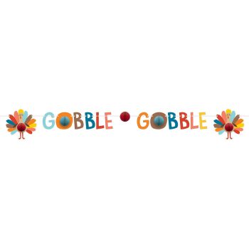 Colorful Gobble Gobble with turkeys banner.
