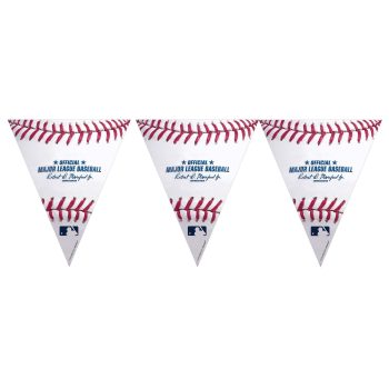 Baseball-themed triangular pennant banner with red stitching design.