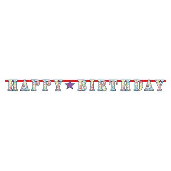 Colorful "Happy Birthday" banner with star.