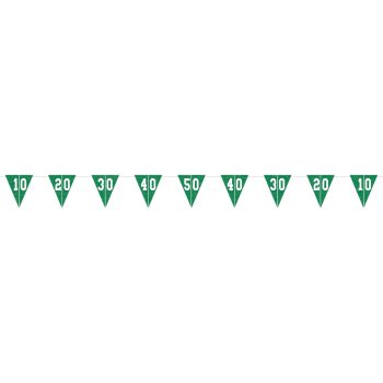 A green triangular pennant banner with white letters.