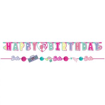 Colorful Barbie-themed happy birthday banner.