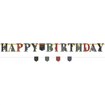 Happy Birthday banner with house emblems.