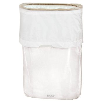 White collapsible trash bin with handle.