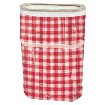 Red checkered collapsible trash bin.