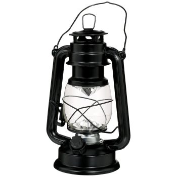 Classic black metal lantern with glass enclosure and handle.