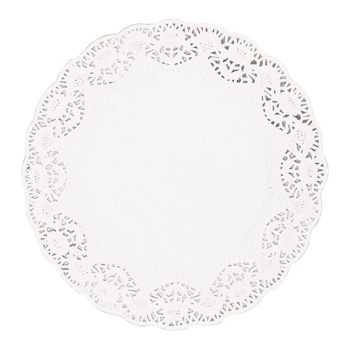 Round white paper doily with lace pattern.