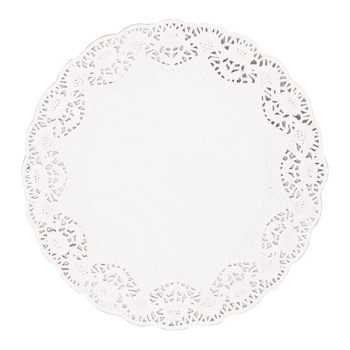 Round white lace paper doily on white.