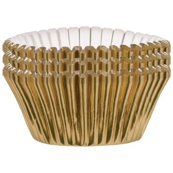 Gold foil cupcake liners stacked together.