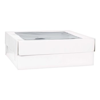 White bakery box with a clear window on top.