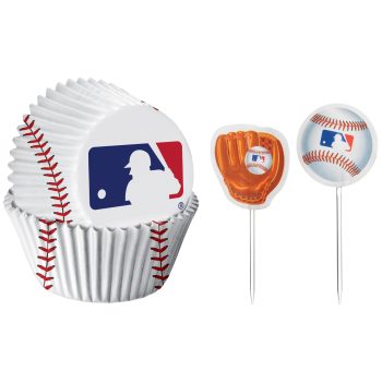 Baseball-themed cupcake liners and picks with MLB logos and glove design.