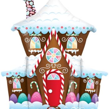 Gingerbread house with candy decorations.