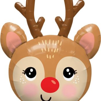 Cartoon reindeer balloon with antlers and blush.