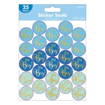 Colorful "Boy" and "It's a Boy" baby shower sticker seals.