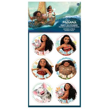 Moana-themed party stickers with characters.