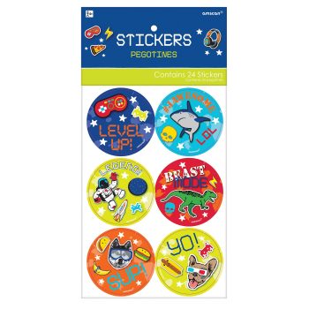 Colorful round stickers with fun designs.