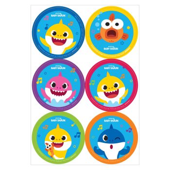 Baby Shark characters on colorful circle stickers.