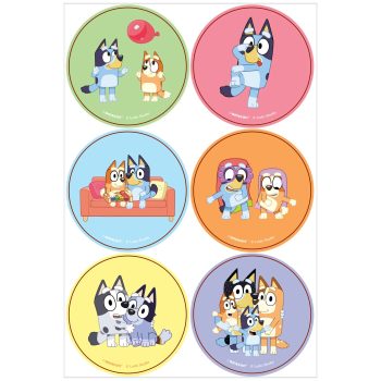 Cartoon dogs in colorful circular designs.