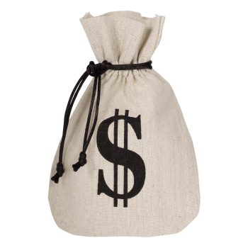 A beige money bag with a black dollar sign and drawstring.