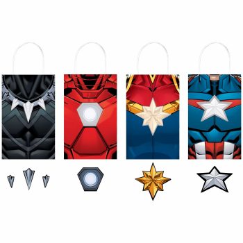 Superhero-themed gift bags with emblems.